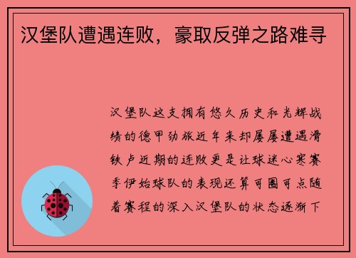 汉堡队遭遇连败，豪取反弹之路难寻